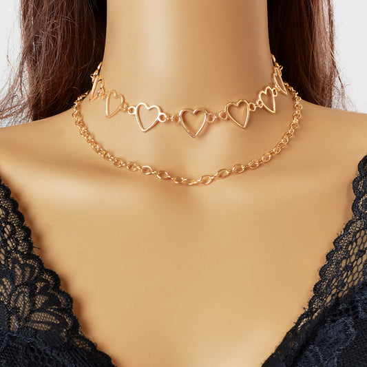 2pcs Gold Hollow out Heart Double layer Chain Clavicle Necklace Trendy Jewellery-0